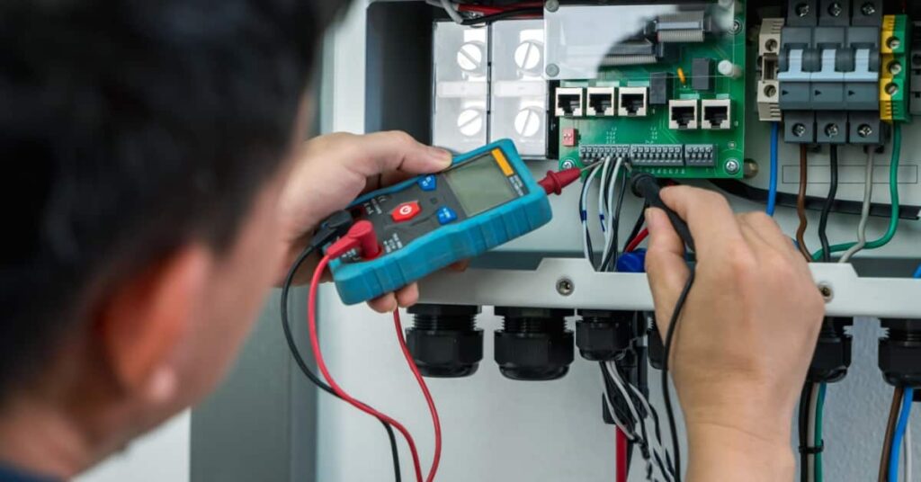 Électricien en train de vérifier un tableau électrique